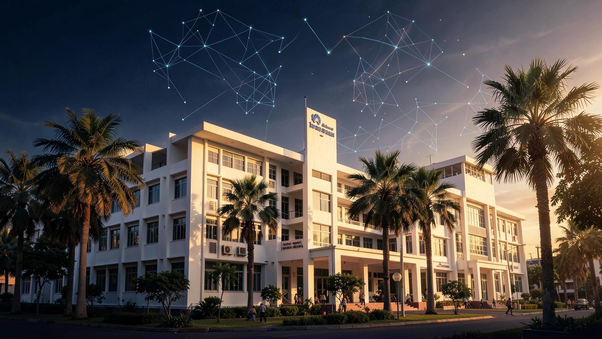 AITAM campus with AI network motifs in the sky